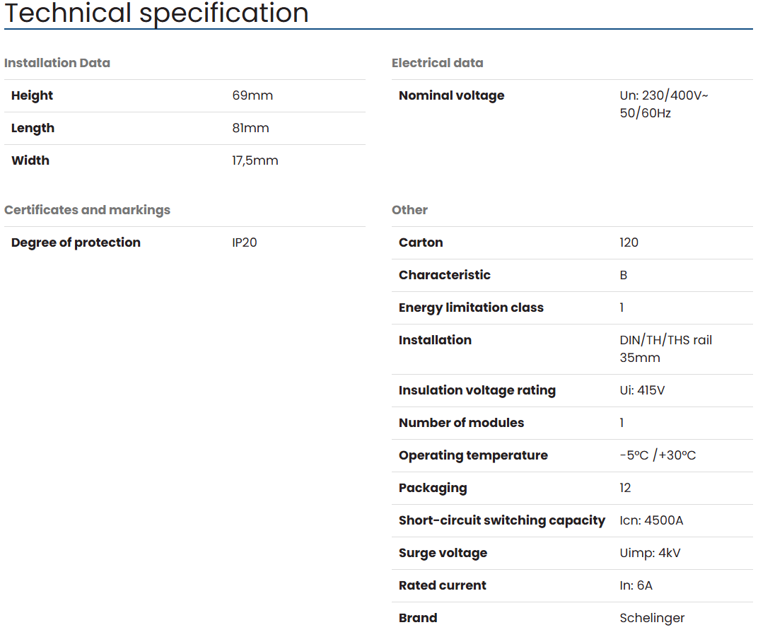 Schelinger Overcurrent Circuit Breaker 1-POLE G7 6kA