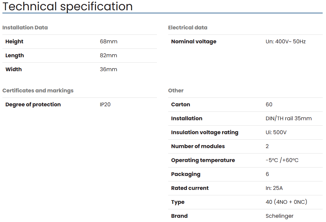 Schelinger Modular Contactor SC201 2P 25A TYP 40 (4NO + 0NC)